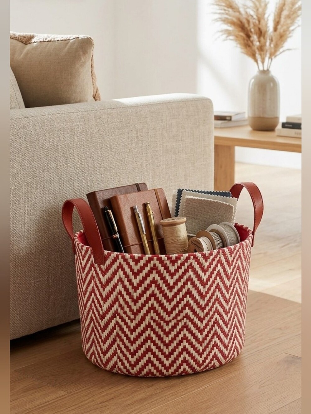 Storage Basket Leather Handles Chevron Farmhouse Boho Rustic Home Organization